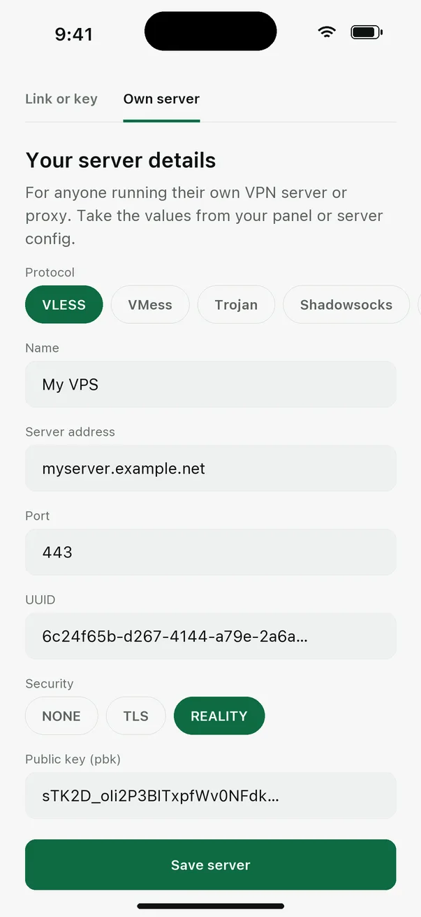 Own server form with VLESS and Reality selected