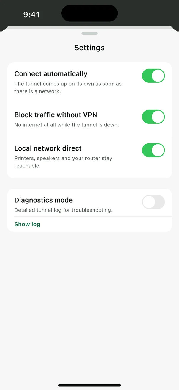 Settings with auto-connect and kill switch